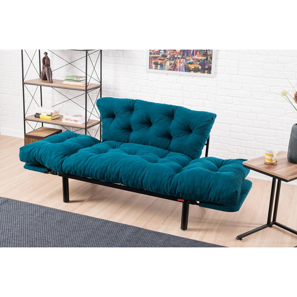 Διθέσιος καναπές-κρεβάτι από ύφασμα σε πετρόλ χρώμα 155x73x85