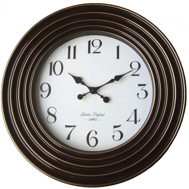 Πλαστικό ρολόι τοίχου σε χρώμα σκούρο καφέ/χάλκινο με λευκό καντράν Φ58
