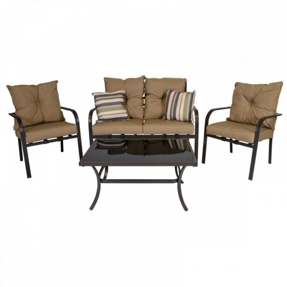 Σετ σαλόνι κήπου 4 τεμαχίων SPRING σε χρώμα σκούρο καφέ με μπεζ μαξιλάρια 122x68x88
