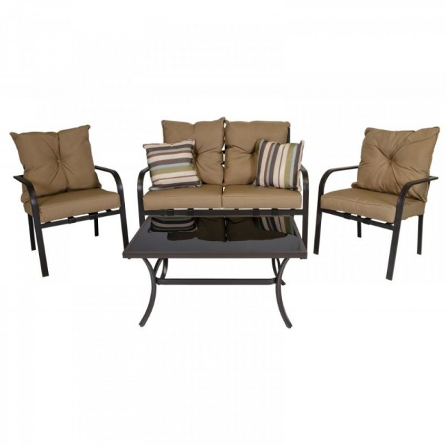 Σετ σαλόνι κήπου 4 τεμαχίων SPRING σε χρώμα σκούρο καφέ με μπεζ μαξιλάρια 122x68x88