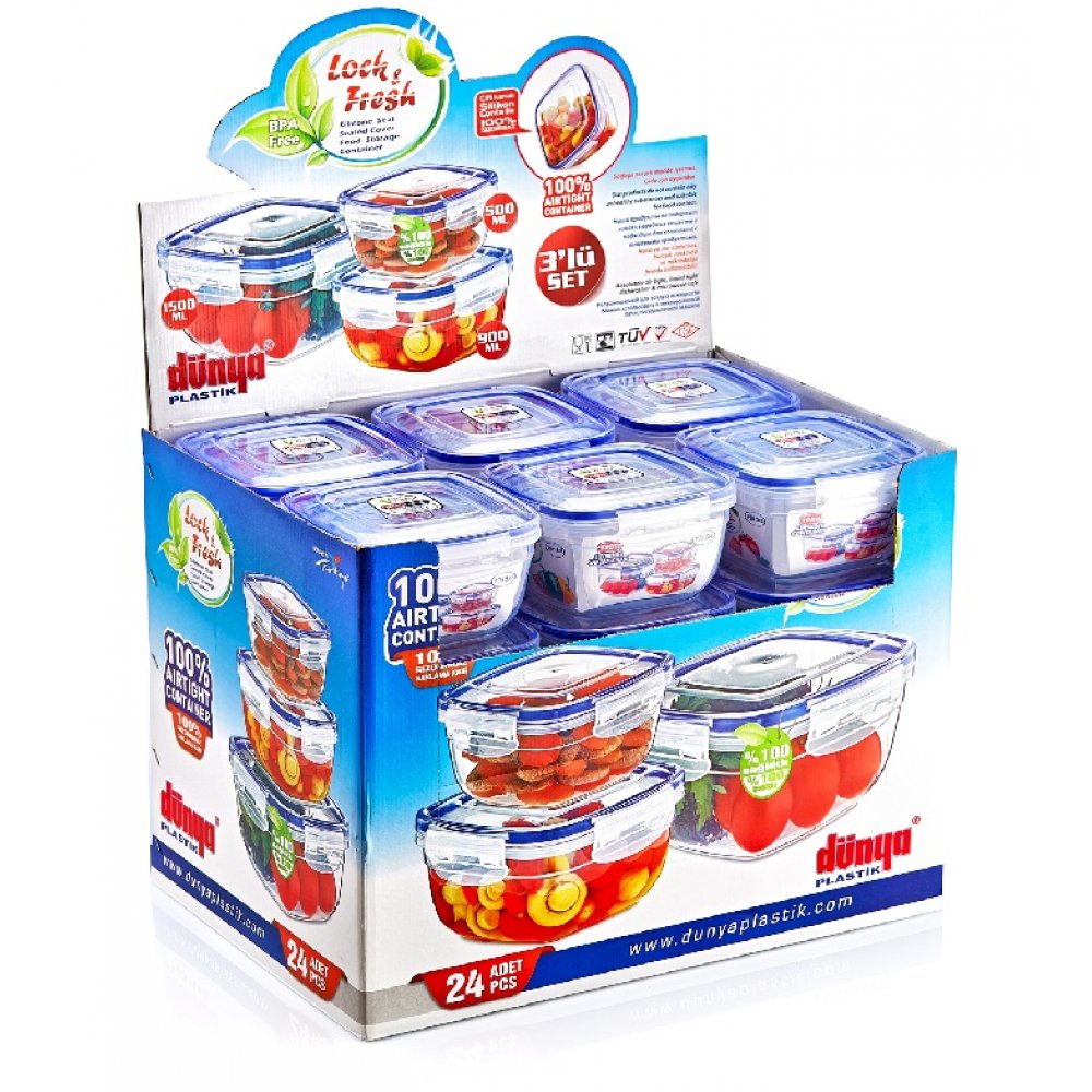 Σετ 3τμχ φαγητοδοχεία τετράγωνα βαθειά πλαστικά διάφανα 17,3x17,3x10