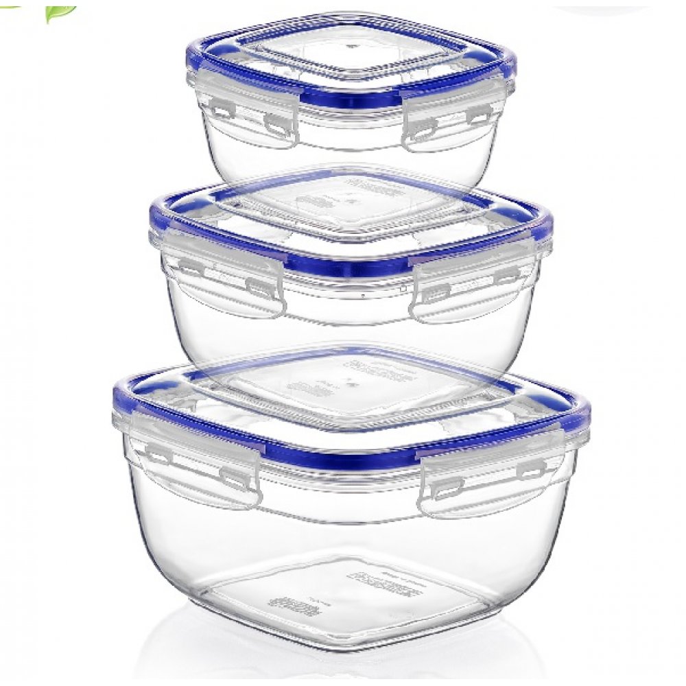 Σετ 3τμχ φαγητοδοχεία τετράγωνα βαθειά πλαστικά διάφανα 17,3x17,3x10