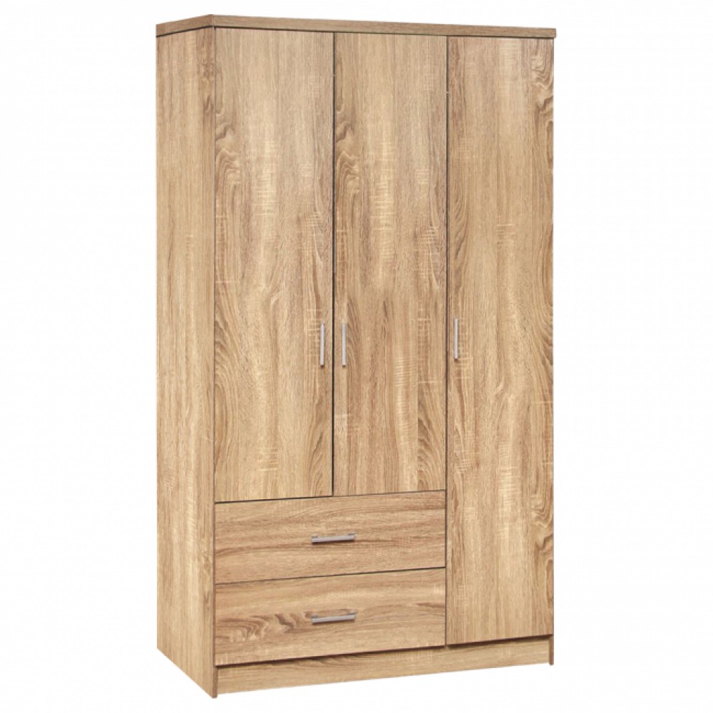 Ντουλάπα ρούχων τρίφυλλη REAL με 2 συρτάρια, 4 ράφια & κρεμάστρα χρώμα sonoma 90x42.5x180.5 εκ.