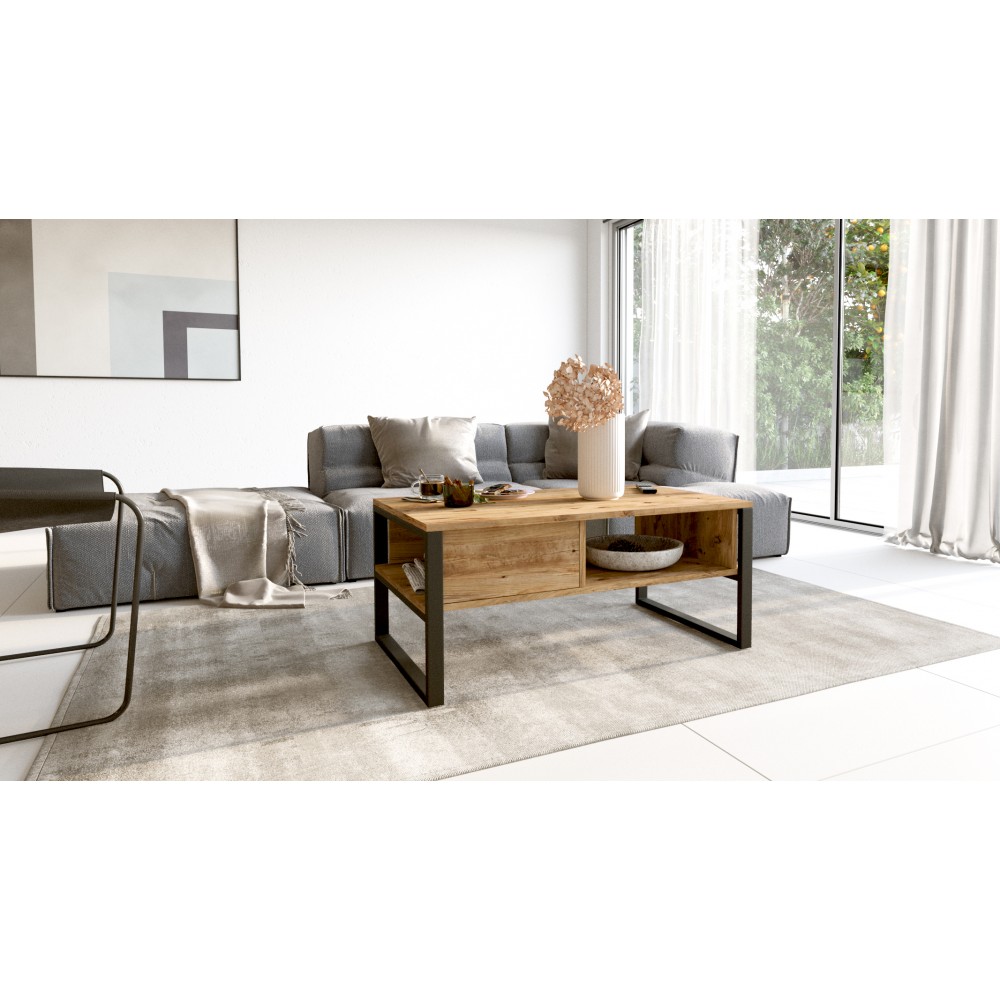 Τραπέζι σαλονιού "VIANA" από ξύλο/μέταλλο σε atlantic pine/μαύρο χρώμα 100x60x44