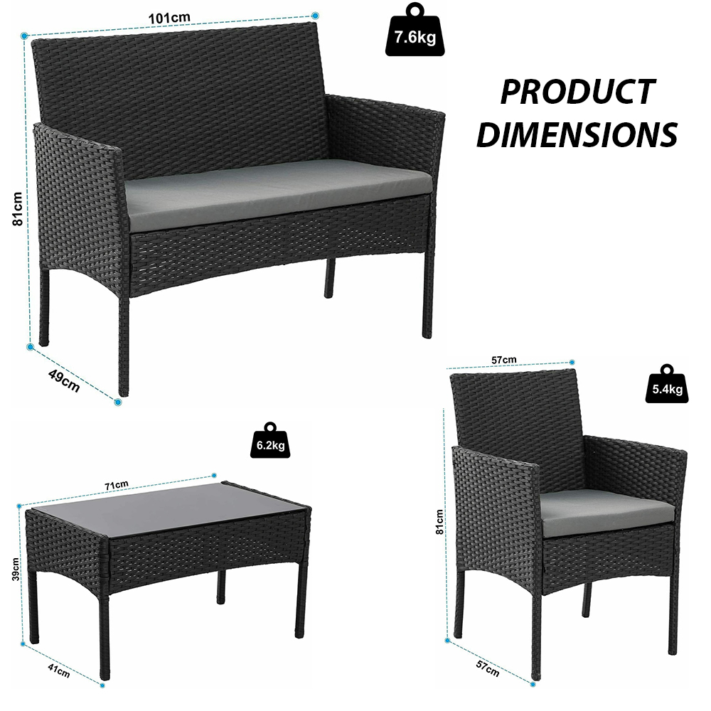 Σαλόνι κήπου Calma σετ 4τμχ rattan μαύρο-ύφασμα γκρι