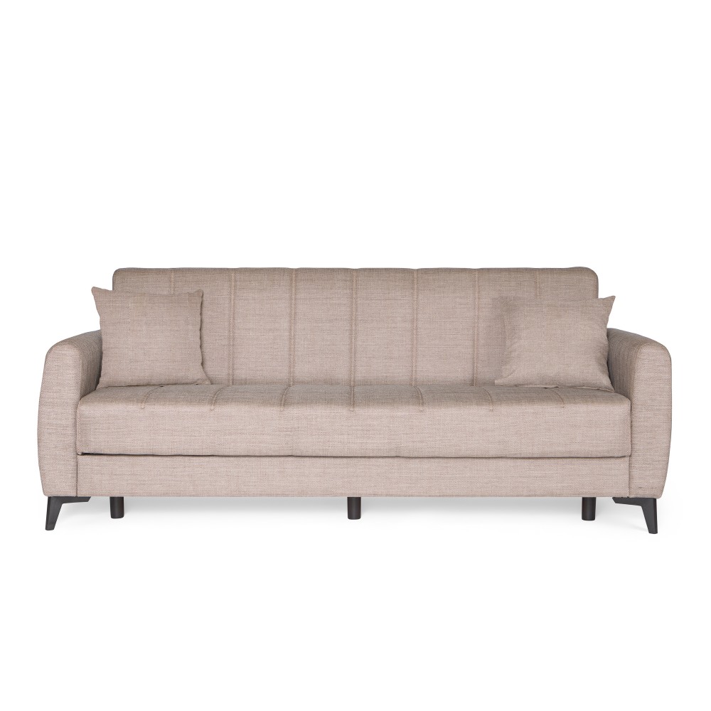 Καναπές-κρεβάτι με αποθηκευτικό χώρο τριθέσιος Milos μπεζ-καφε ύφασμα 210x78x85