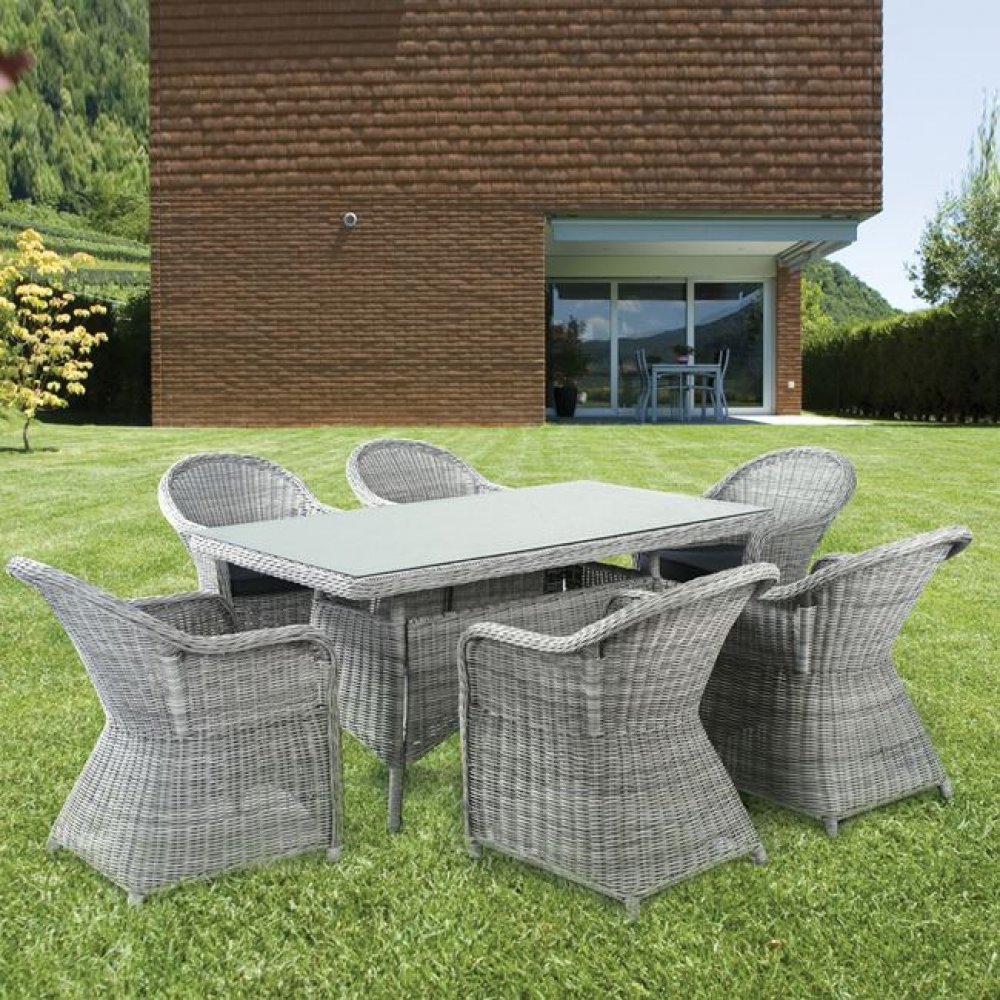 Τραπέζι "MONTANA" αλουμινίου με πλέξη wicker σε χρώμα γκρι-λευκό 160x90x75