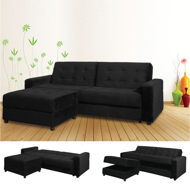 Καναπές-κρεβάτι "JACKSON" γωνία αναστρέψιμη με σκαμπώ από ύφασμα σε μαύρο χρώμα 193x81x77
