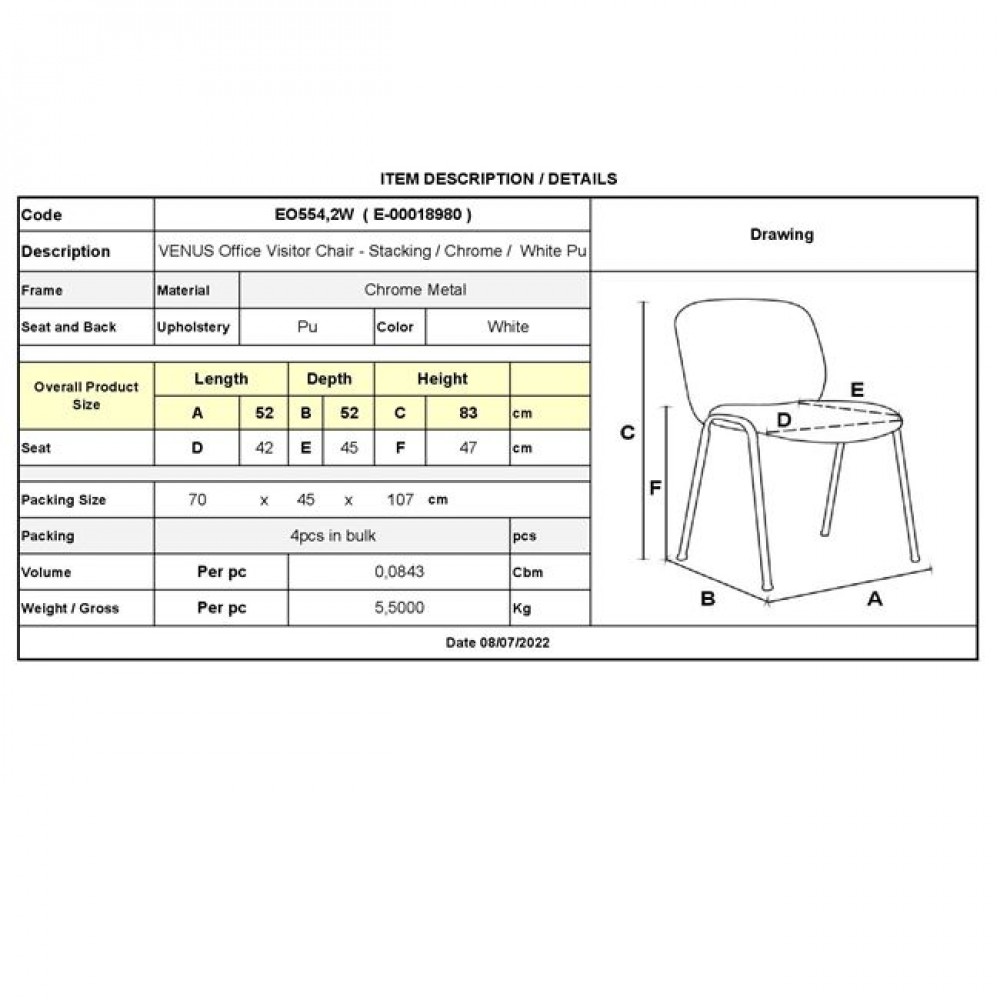 Καρέκλα επισκέπτη "VENUS" χρώμιου από τεχνόδερμα σε λευκό χρώμα 52x52x83