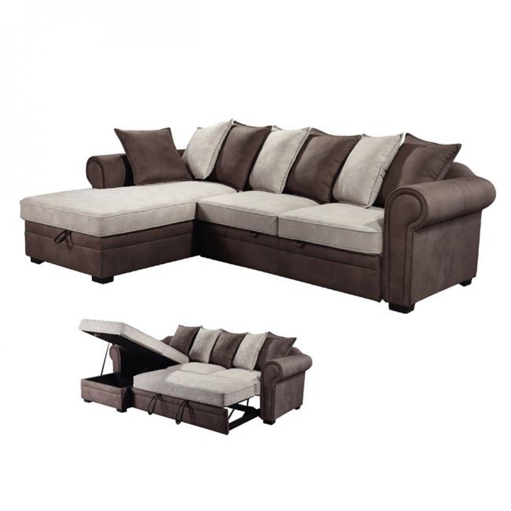 Καναπές-κρεβάτι "FONTO" δεξιά γωνία από ύφασμα nabuk σε χρώμα ανοιχτό καφέ-εκρού 284x170x84
