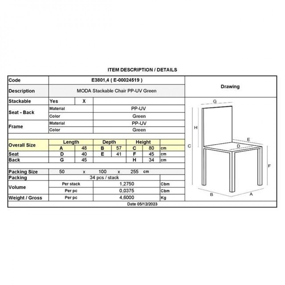 Καρέκλα "MODA" από PP σε πράσινο χρώμα 48x57x80