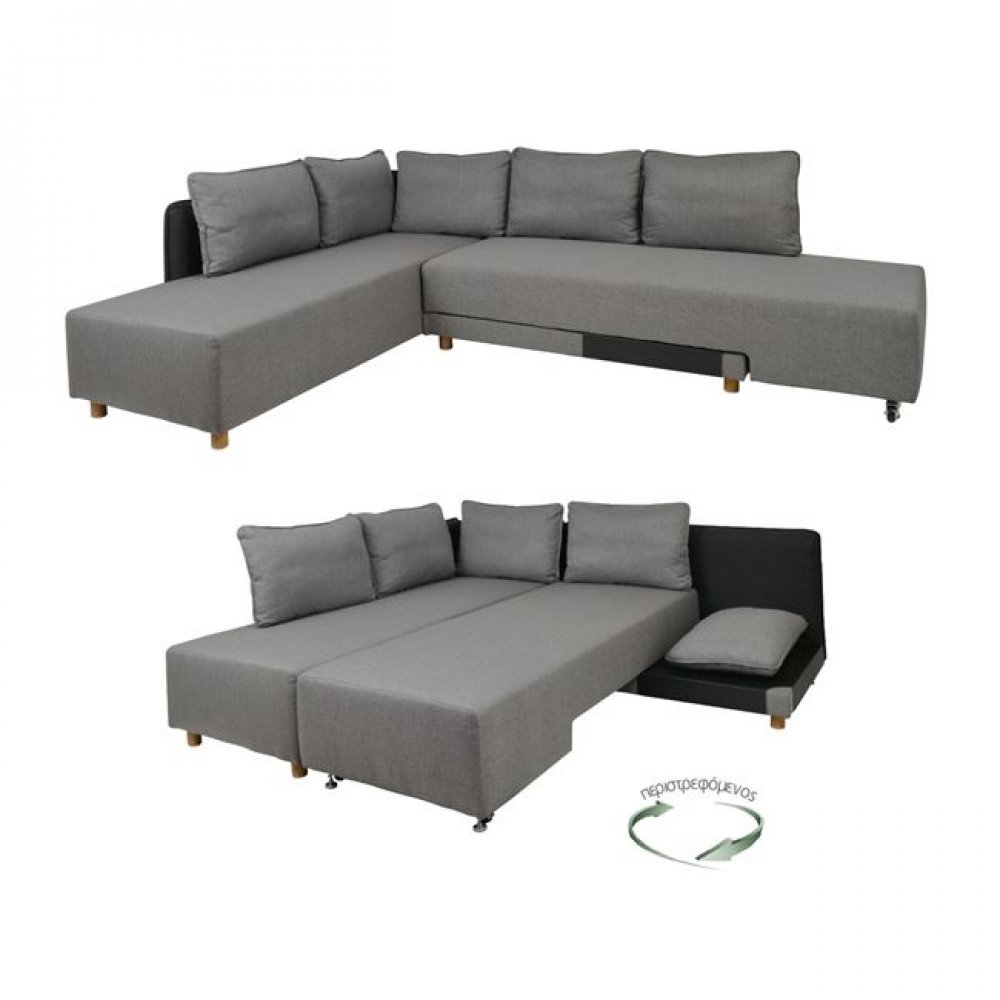 Καναπές-κρεβάτι "UNITY" γωνία από ύφασμα σε γκρι χρώμα 256x188x81