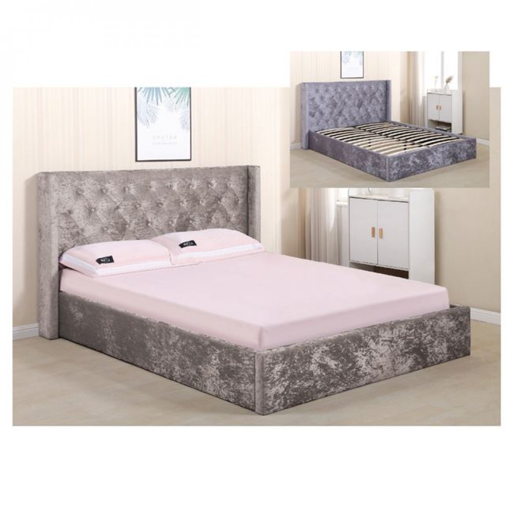 Κρεβάτι "BARKLEY" διπλό από βελούδινο ύφασμα σε χρώμα ανοιχτό καφέ 168x220x110