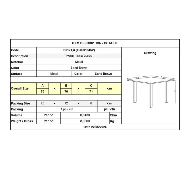 Τραπέζι "PARK" μεταλλικό σε καφέ χρώμα 70x70x71