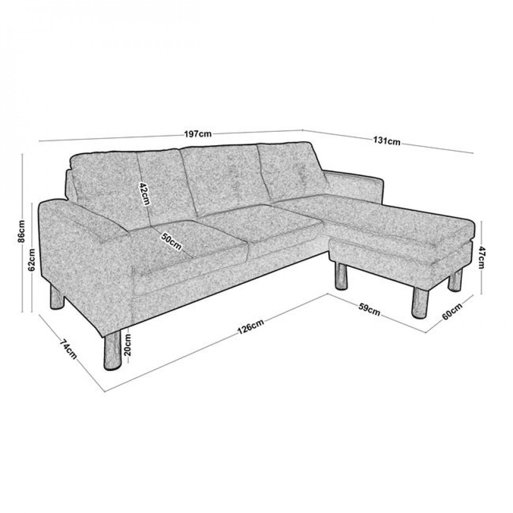 Καναπές αναστρέψιμος "REVERSE" υφασμάτινος σε ανοιχτό γκρι χρώμα 197x131x74/86