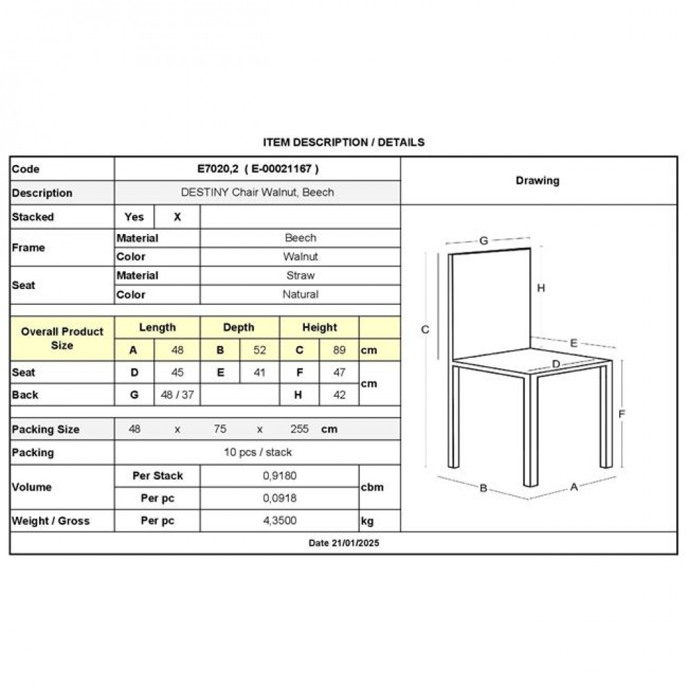 Καρέκλα "DESTINY" από ξύλο σε χρώμα καρυδί 48x52x89