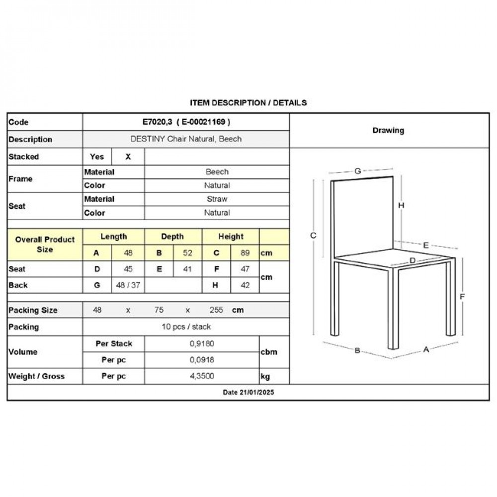 Καρέκλα "DESTINY" από ξύλο σε χρώμα φυσικό 48x52x89