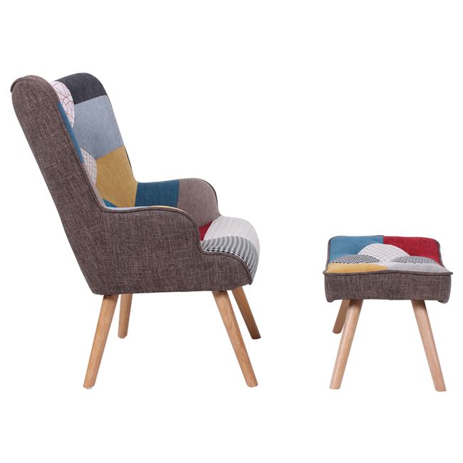 Σετ Μπερζέρα "MARON" ξύλινη/υφασμάτινη πολύχρωμη με σκαμπώ 69x76x97/52x38x35