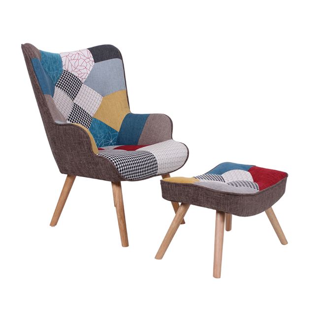 Σετ Μπερζέρα "MARON" ξύλινη/υφασμάτινη πολύχρωμη με σκαμπώ 69x76x97/52x38x35