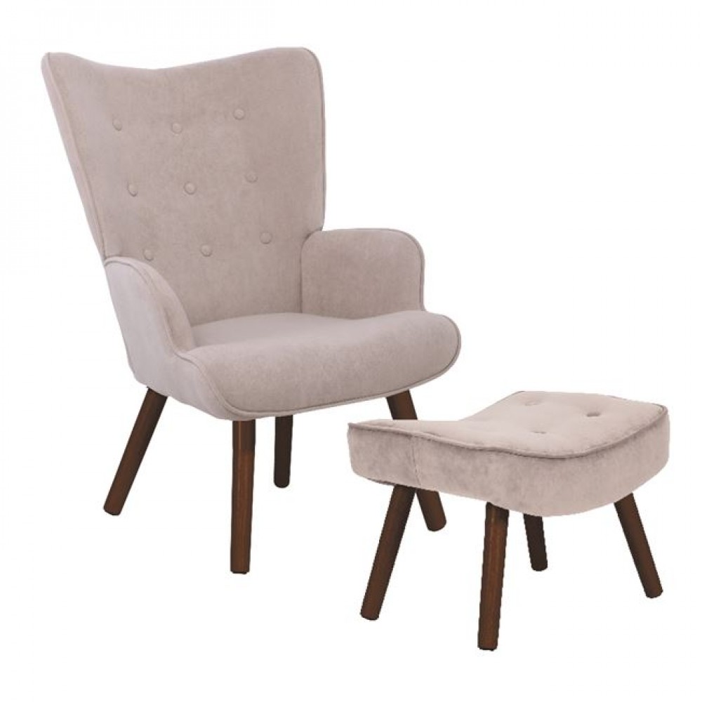 Πολυθρόνα-μπερζέρα "ALMA" με υποπόδιο από ύφασμα σε χρώμα καρυδί/καφέ ανοιχτό 69x76x97