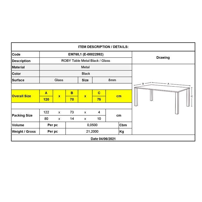 Τραπέζι "ROBY" από μέταλλο/γυαλί σε μαύρο χρώμα 120x70x75