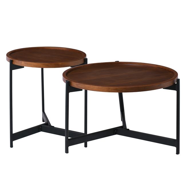 Σετ τραπέζια σαλονιού "TOSS" 2τμχ από μέταλλο/MDF σε μαύρο/καρυδί χρώμα Φ70x40