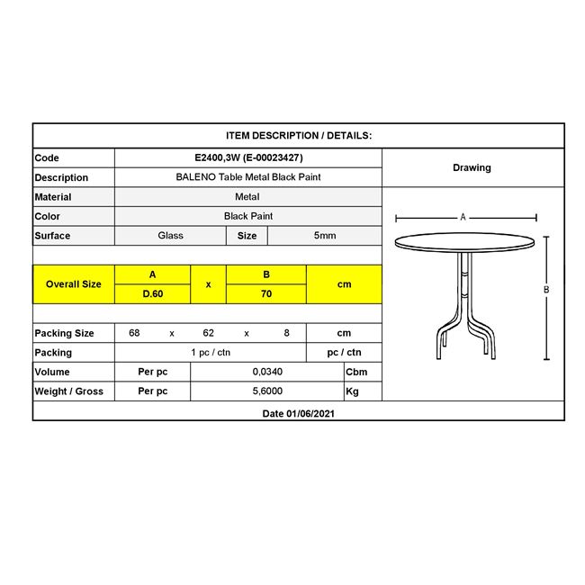 Τραπέζι κήπου "BALENO" από μέταλλο/γυαλί σε μαύρο χρώμα Φ60x70