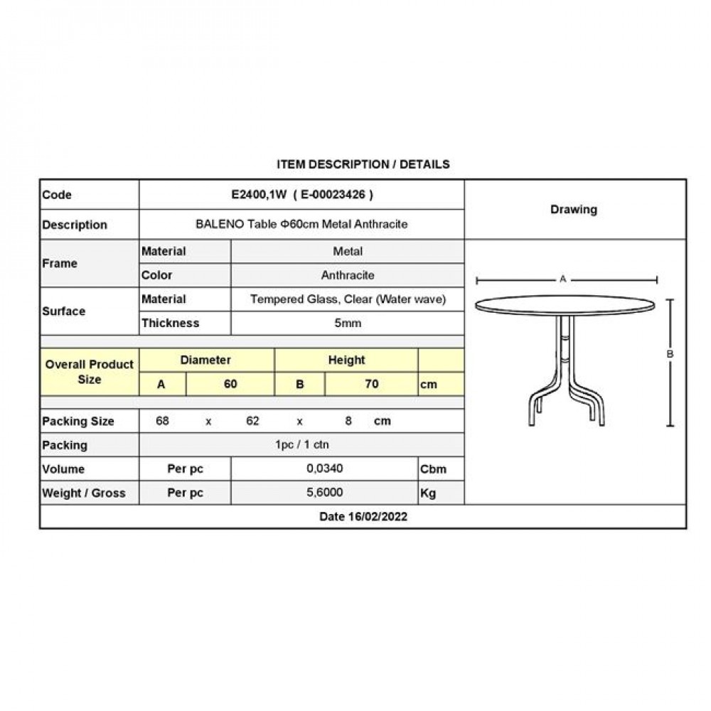 Τραπέζι κήπου "BALENO" από μέταλλο/γυαλί σε ανθρακί χρώμα Φ60x70