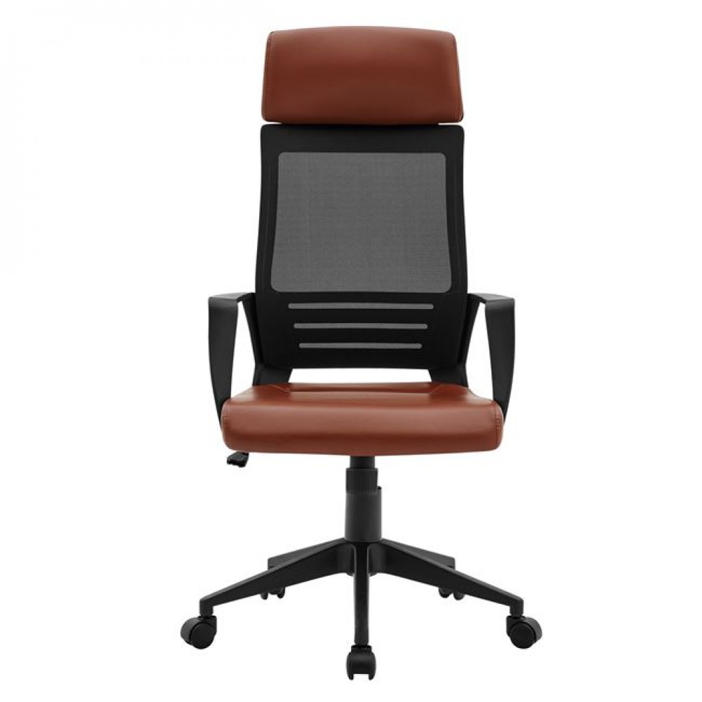 Πολυθρόνα διευθυντή "BF2500" από ύφασμα mesh/PVC/PU σε μαύρο/καφέ χρώμα 58x62x116