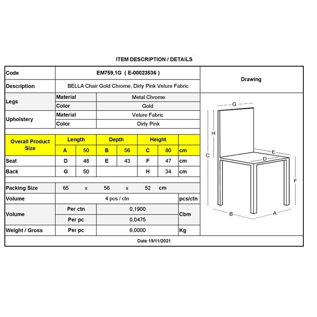 Καρέκλα τραπεζαρίας "BELLA" από μέταλλο/ύφασμα σε χρυσό/ροζ χρώμα 50x56x80