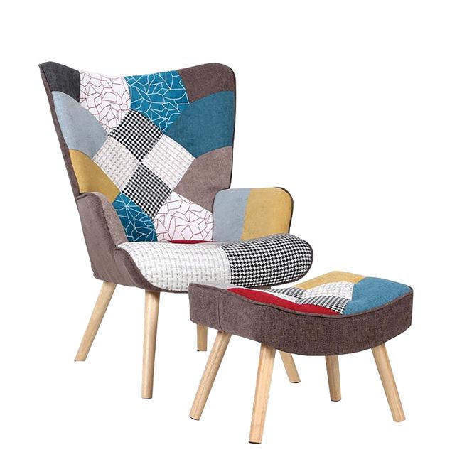 Πολυθρόνα-μπερζέρα "ALMA" με υποπόδιο από ύφασμα σε χρώμα φυσικό/πολύχρωμο 69x76x97