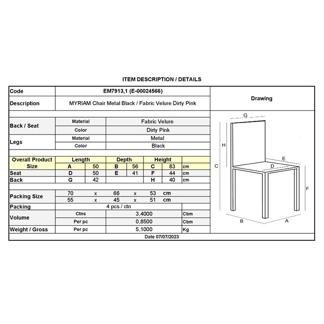 Καρέκλα "MYRIAM" από βελούδο/μέταλλο σε χρώμα Dirty Pink/μαύρο 50x56x83