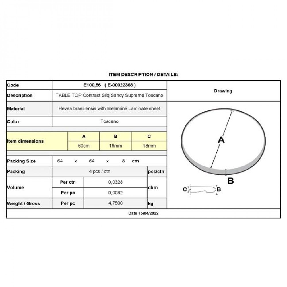Επιφάνεια τραπεζιού "CONTRACT" σε χρώμα toscano Φ60x1.8