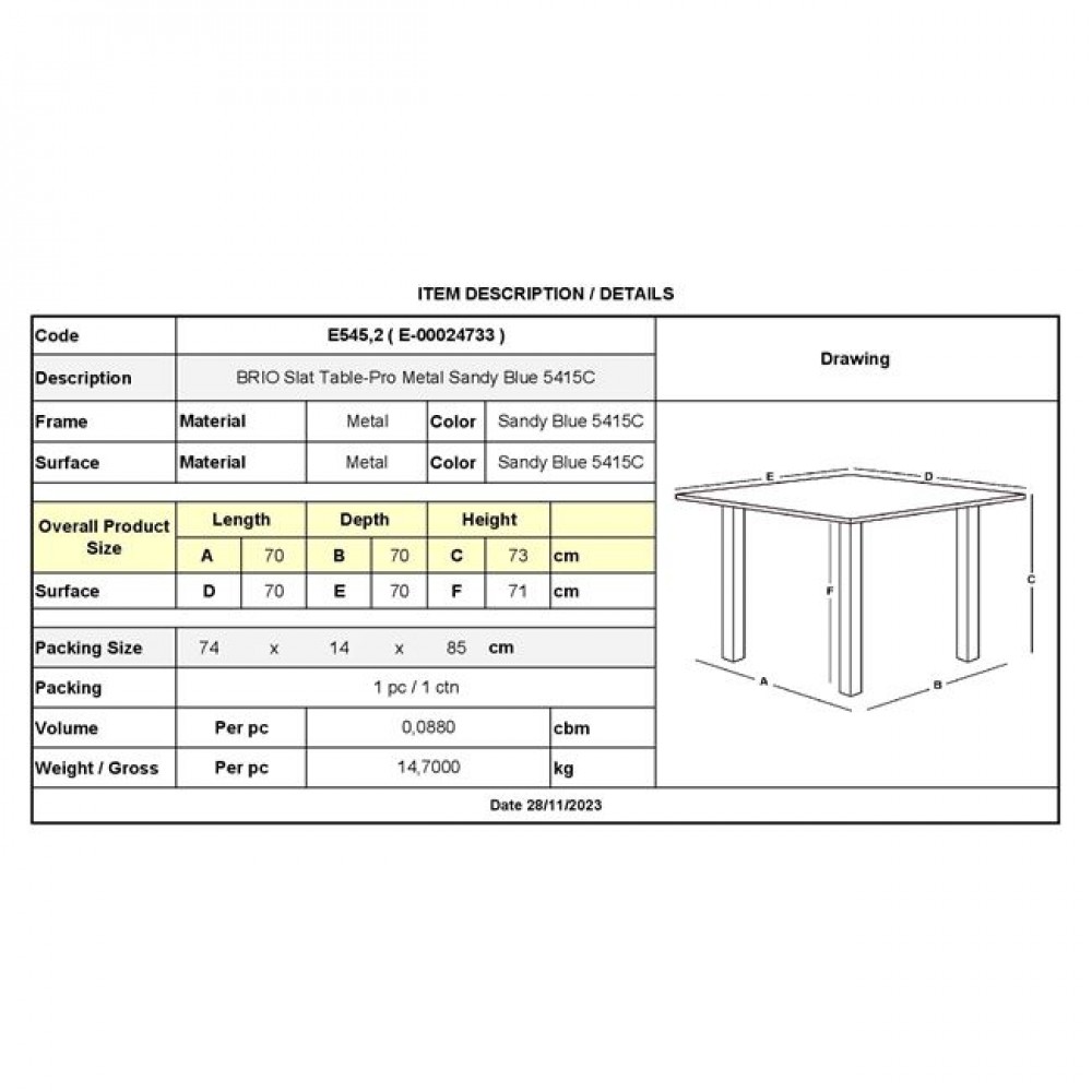 Τραπέζι κήπου "BRIO" μεταλλικό σε χρώμα μπλέ 70x70x73