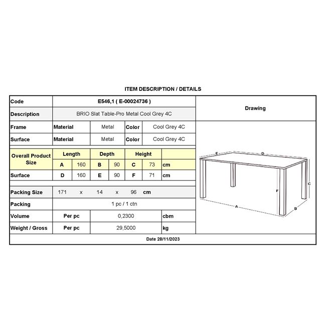 Τραπέζι κήπου "BRIO" μεταλλικό σε χρώμα γκρι 160x90x73