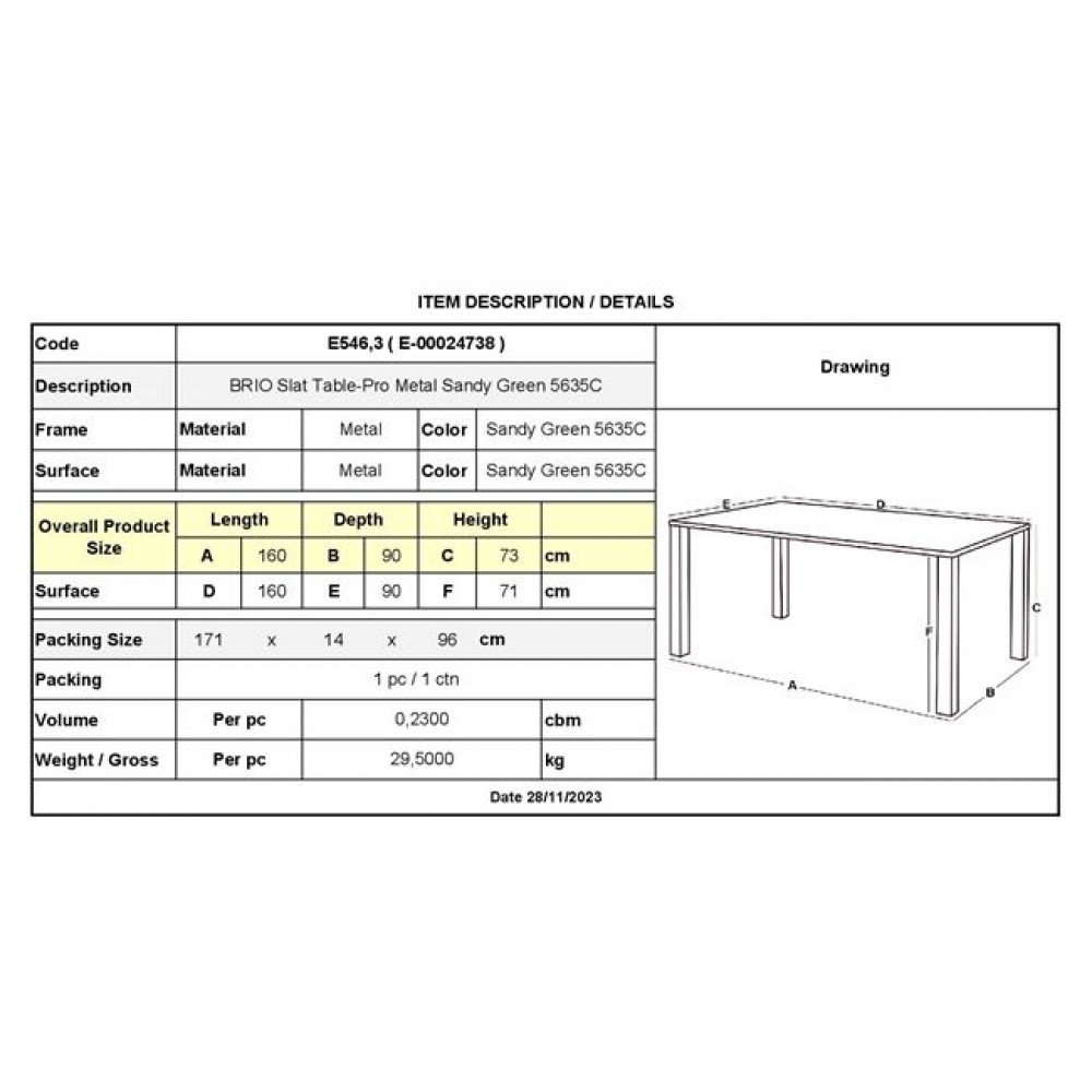 Τραπέζι κήπου "BRIO" μεταλλικό σε χρώμα φυστικί 160x90x73