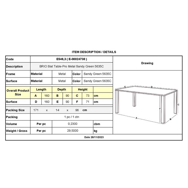 Τραπέζι κήπου "BRIO" μεταλλικό σε χρώμα φυστικί 160x90x73