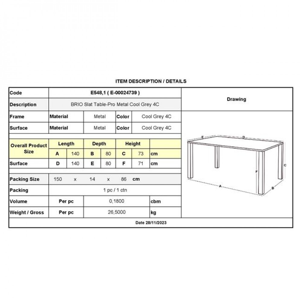 Τραπέζι κήπου "BRIO" μεταλλικό σε χρώμα γκρι 140x80x73