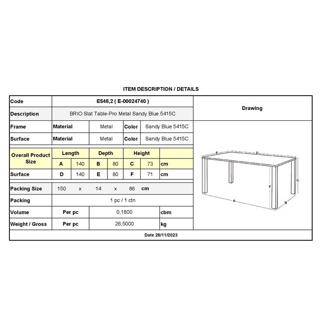 Τραπέζι κήπου "BRIO" μεταλλικό σε χρώμα μπλέ 140x80x73