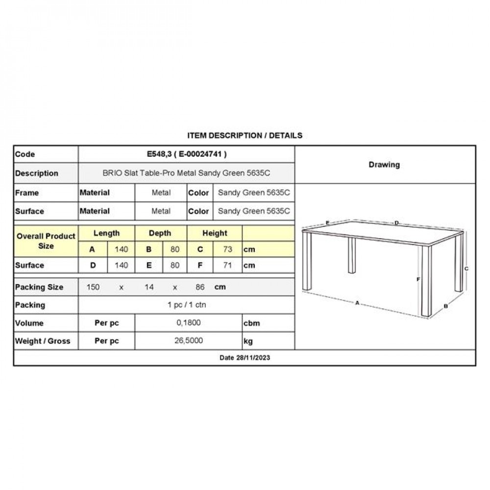 Τραπέζι κήπου "BRIO" μεταλλικό σε χρώμα φυστικί 140x80x73
