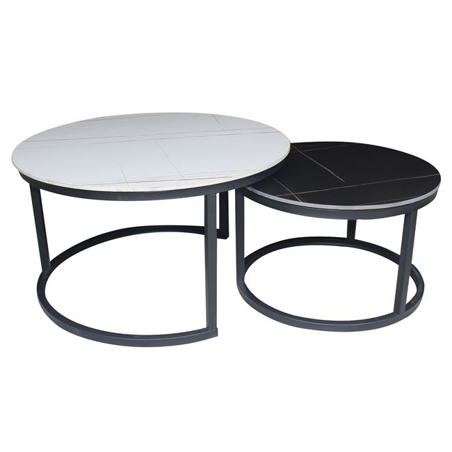 Τραπέζια σαλονιού "TERRY"  2τμχ από μέταλλο σε λευκό/μαύρο χρώμα Φ80x48