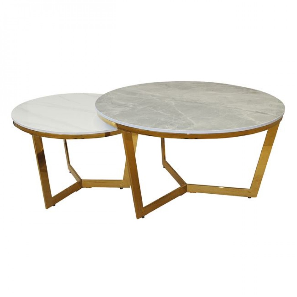 Σετ δύο τραπεζάκια σαλονιού "OTTO" από μέταλλο σε χρώμα χρυσό/λευκό Φ80x45