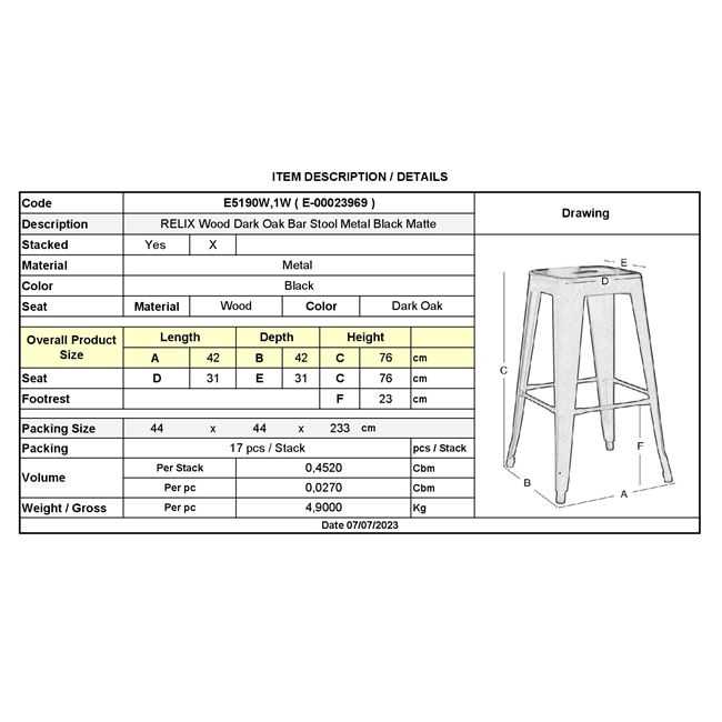 Σκαμπό μπαρ "RELIX WOOD" από μέταλλο/ξύλο σε ματ μαύρο/oak χρώμα 42x42x76