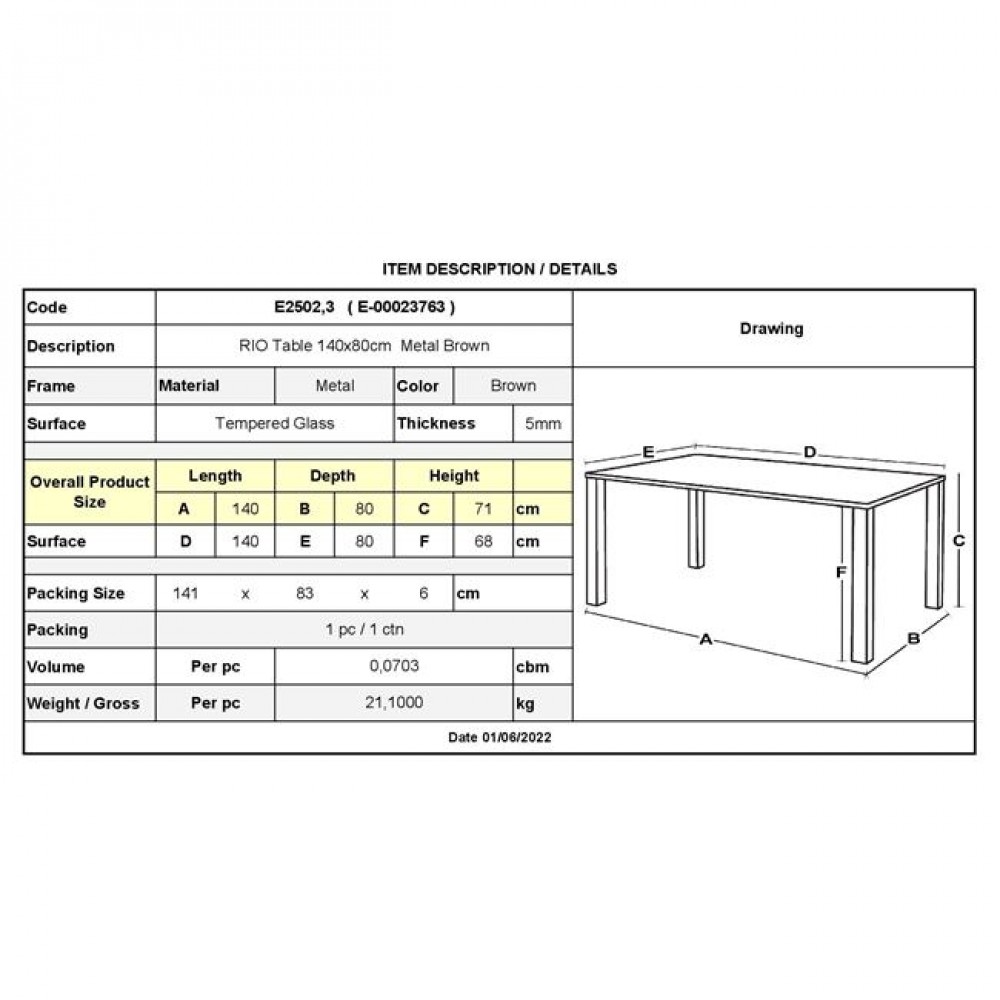 Τραπέζι "RIO" από μέταλλο/γυαλί σε καφέ χρώμα 140x80x71