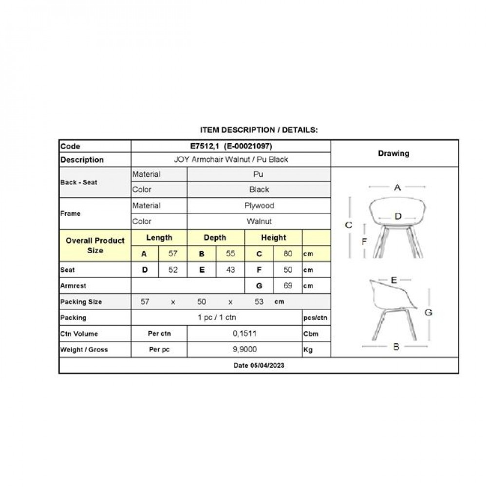 Πολυθρόνα "JOY-W" από ξύλο/PU σε καρυδί/μαύρο χρώμα 57x55x80