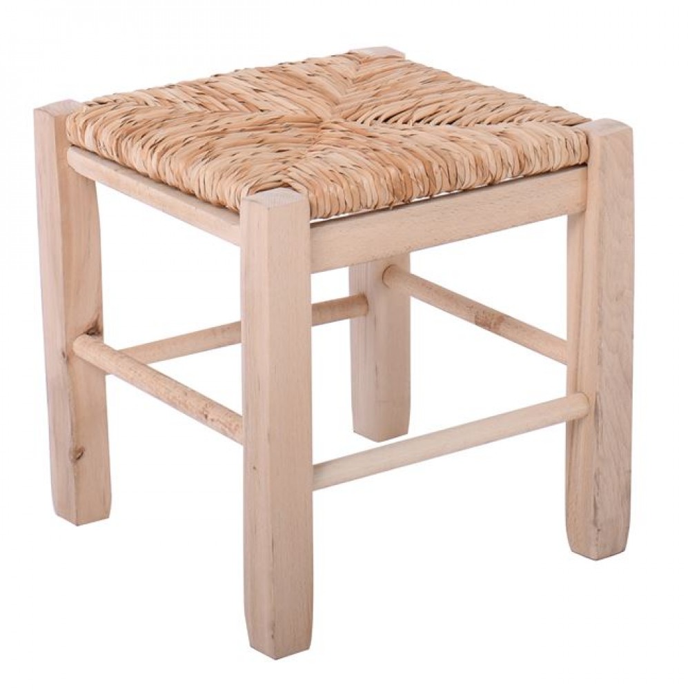 Χαμηλό σκαμπό "ΤΑΒΕΡΝΑΣ" από ξύλο/ψάθα άβαφο 35x35x35