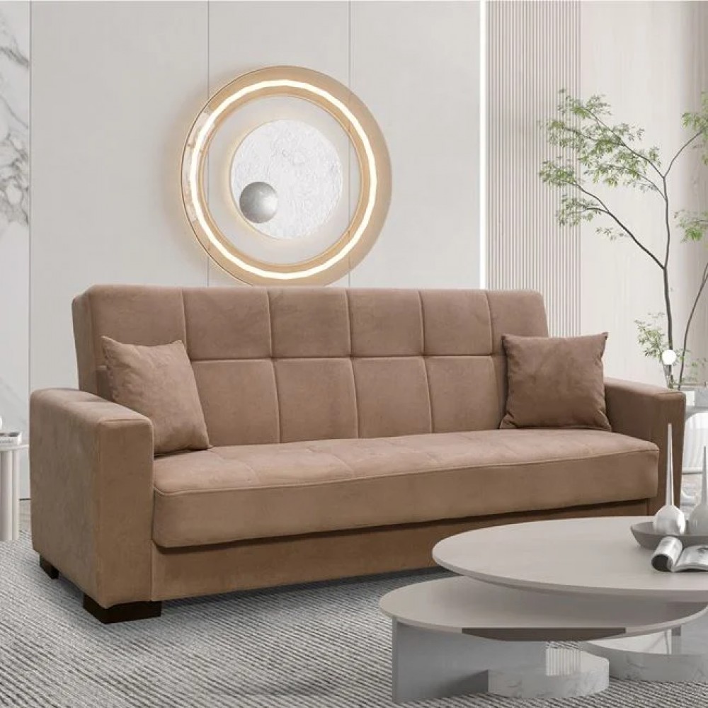 Καναπές-κρεβάτι "CARSON" τριθέσιος με αποθηκευτικό χώρο από ύφασμα σε χρώμα καφέ 225x94x88