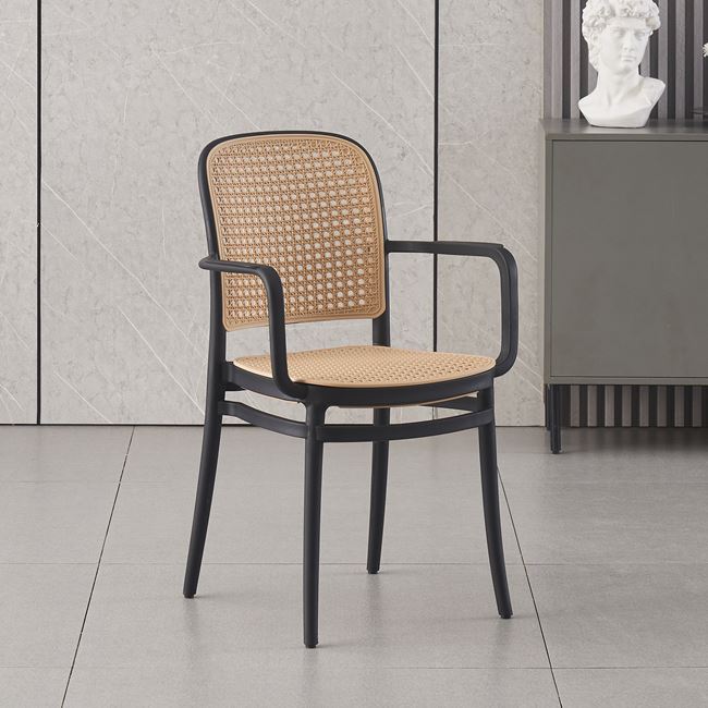 Πολυθρόνα "FLORENCE" στοιβαζόμενη από pp/pp rattan σε χρώμα μαύρο/μπεζ 54x54x84