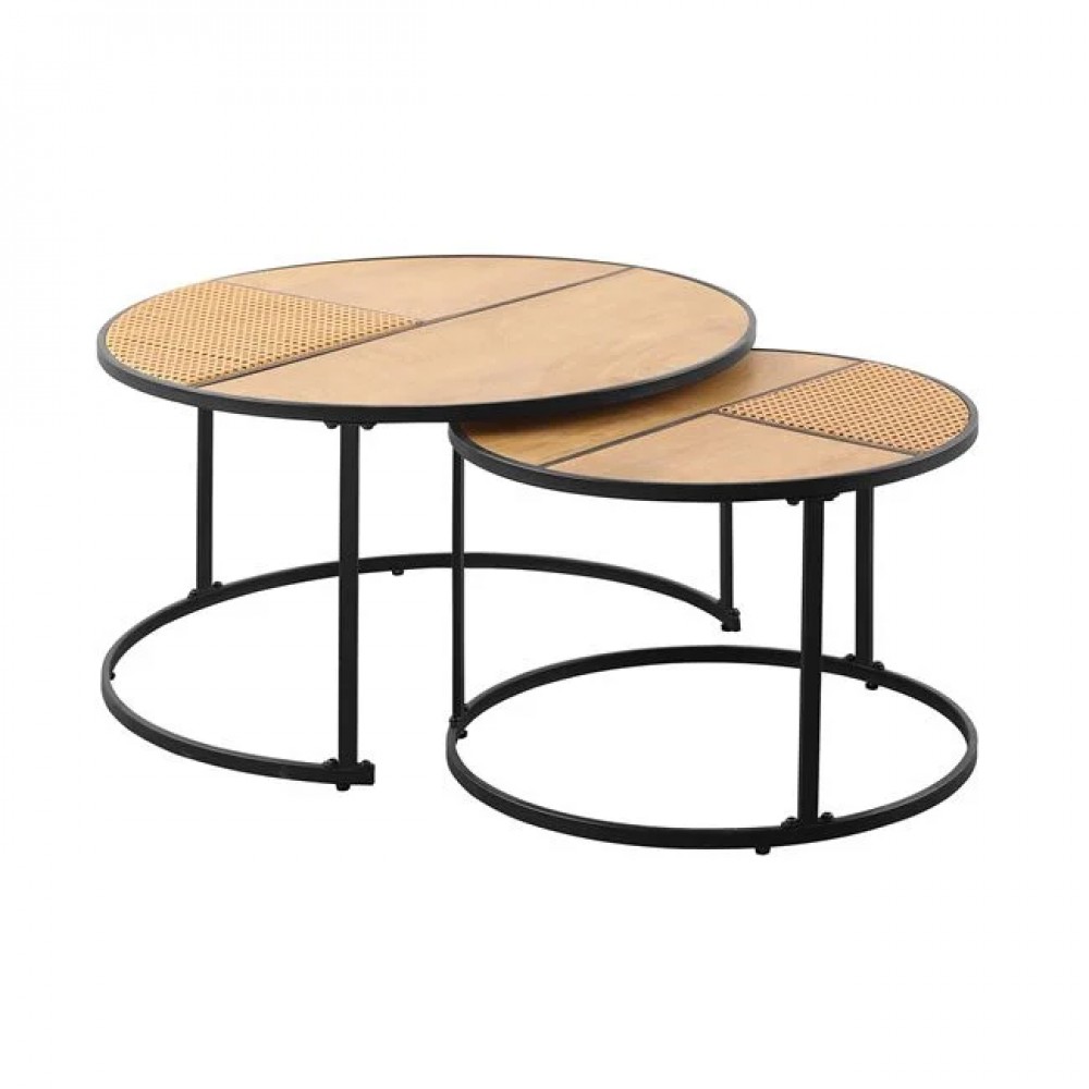 Σετ τραπέζια σαλονιού "PABLO" 2τμχ από mdf/μέταλλο σε χρώμα φυσικό/μαύρο Φ80&Φ60