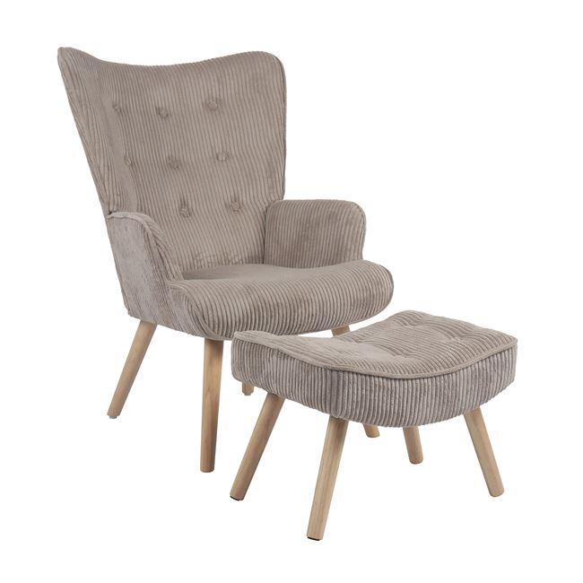 Πολυθρόνα-μπερζέρα "ALMA" με υποπόδιο από ύφασμα κοτλέ/rubberwood σε χρώμα ανοιχτό καφέ/φυσικό